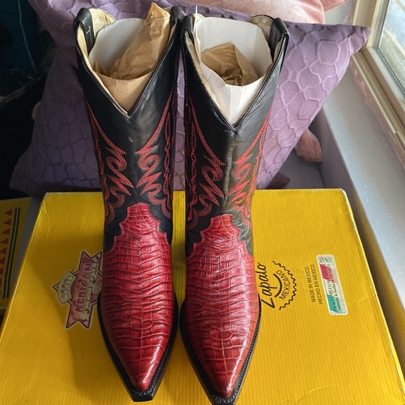 Women’s crocodile style western vaquero cowboy boots 7 7.5 red black genuine - Picture 4 of 7